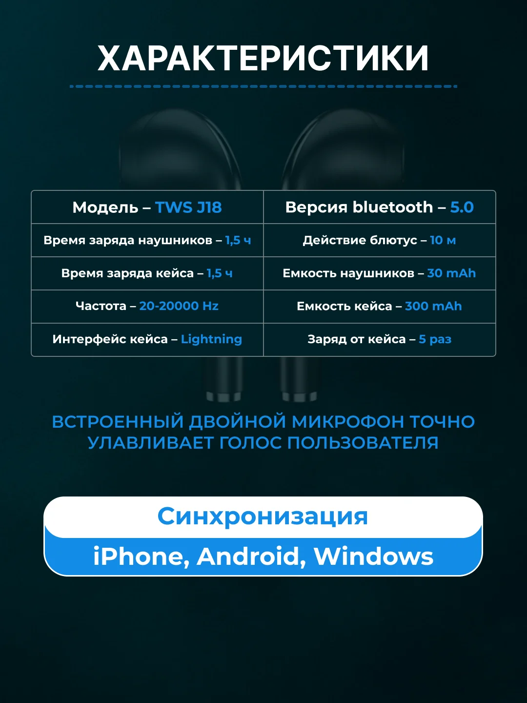 Черный наушники беспроводные TWS J18 для iPhone, Android с шумоподавлением и влагозашитой