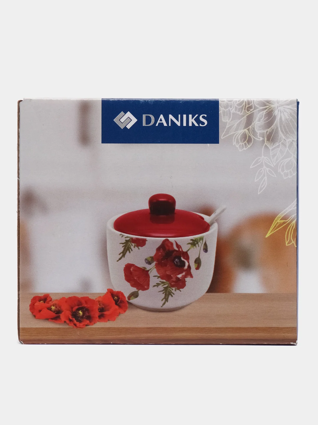 Сахарница 500 мл, доломит, с ложкой, Daniks, Алый мак