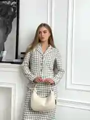 Белый классический костюм жакет + юбка, твидовый комплект пиджак с юбкой в клетку