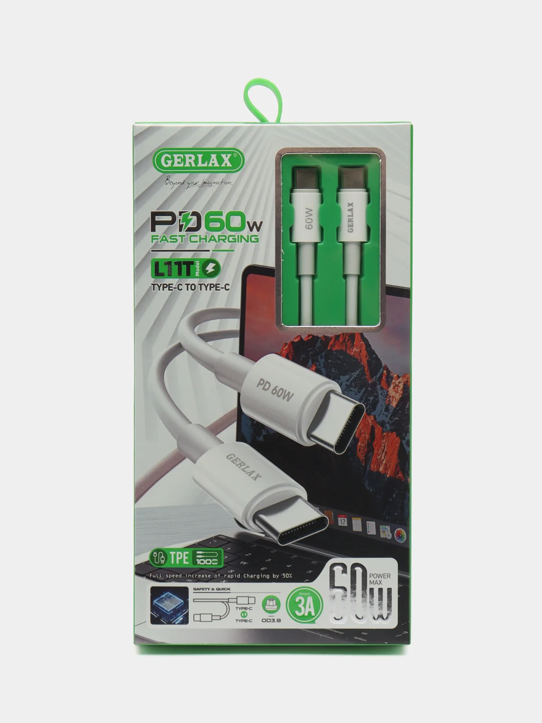 Белый зарядный кабель Type-C to Type-C 60W 3А быстрая зарядка, белый