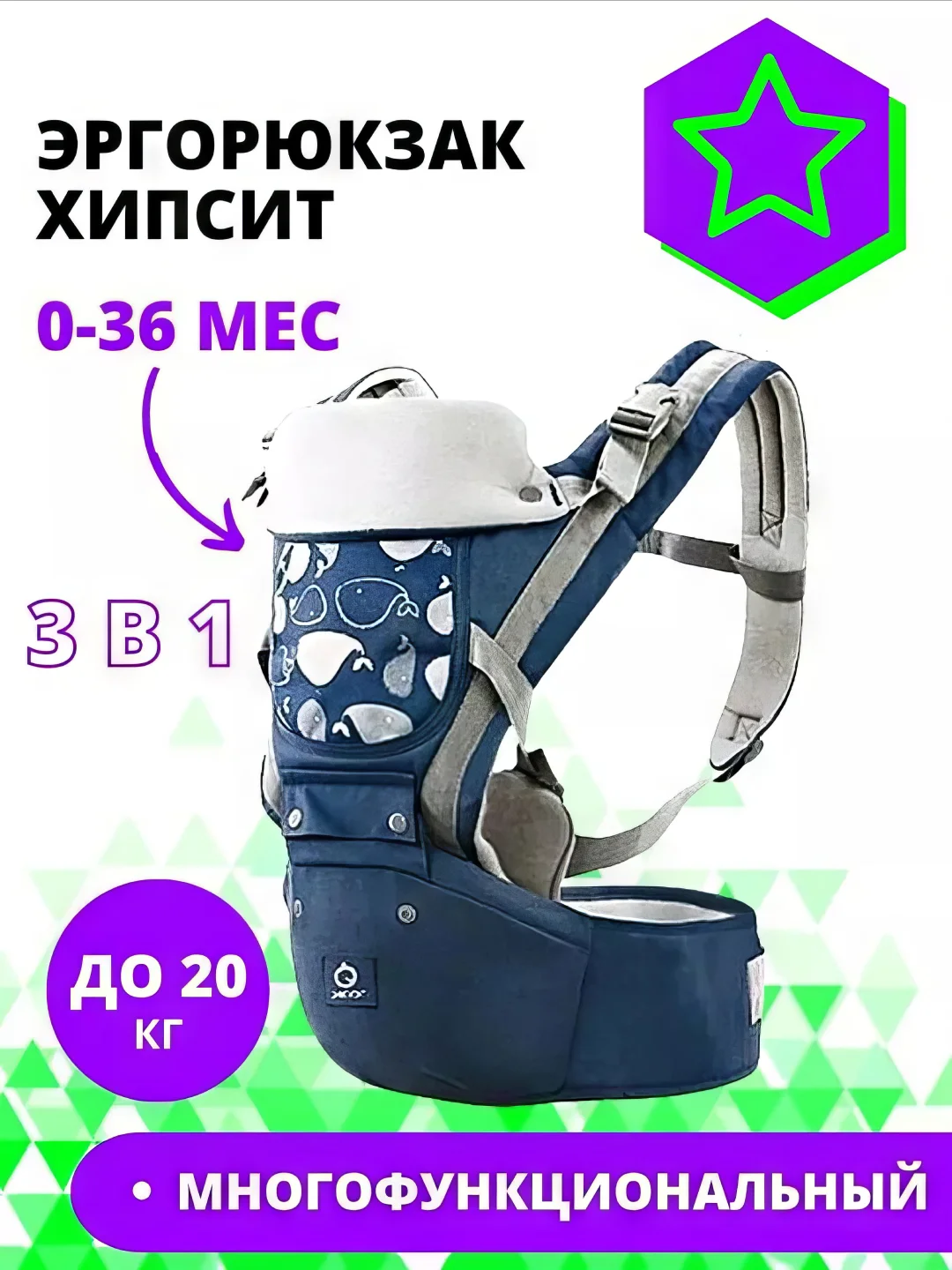 Бирюзовый эргорюкзак слинг кенгуру для переноски детей до 36 месяцев