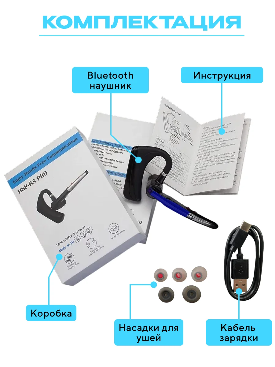 Синий гарнитура наушник беспроводная HSP-B3 PRO Dual Mic, русский язык, Bluetooth v5.0