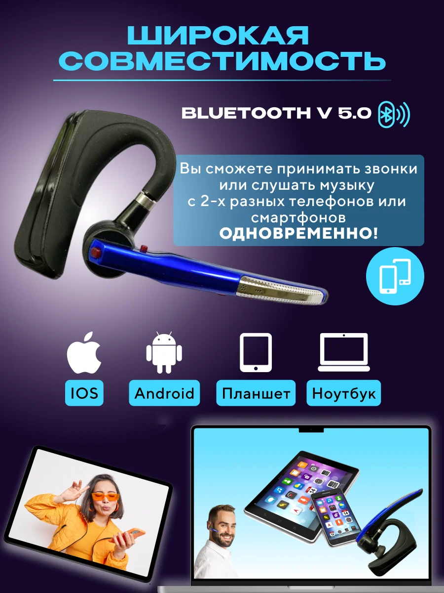 Синий гарнитура наушник беспроводная HSP-B3 PRO Dual Mic, русский язык, Bluetooth v5.0