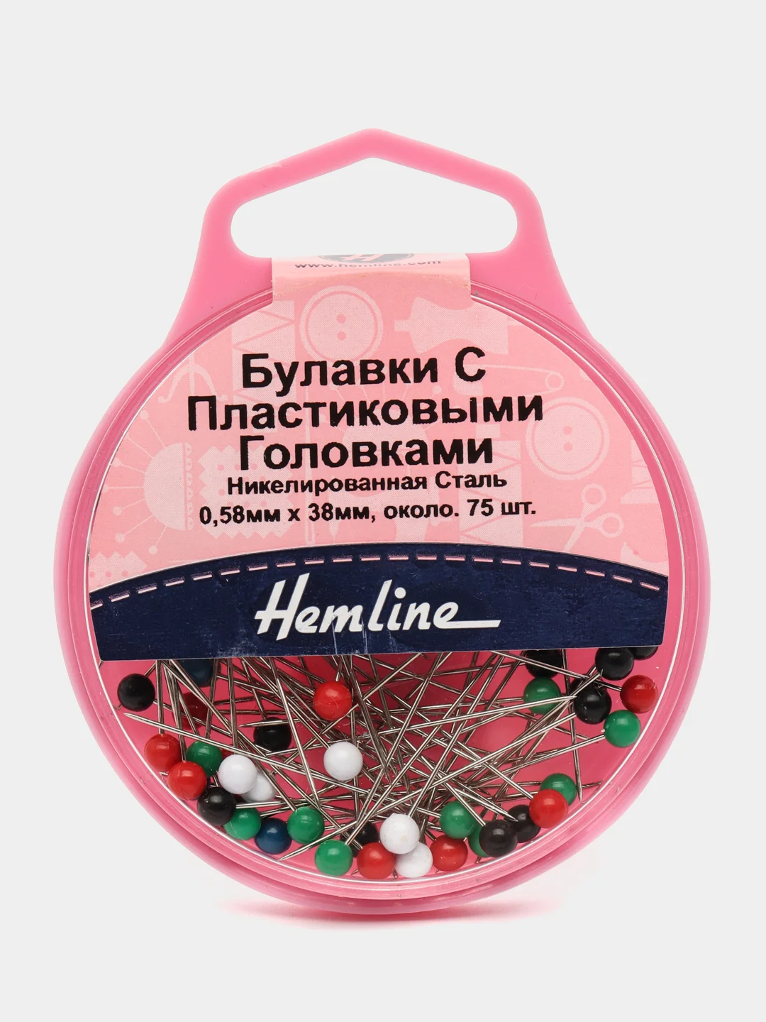 Булавки удлиненные с цветными пластиковыми головками в контейнере, 38 мм, 75 шт (Hemline)