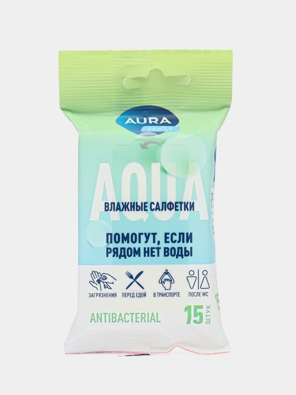 Влажные салфетки Aura Family, c антибактериальным эффектом, в ассортименте 15 шт