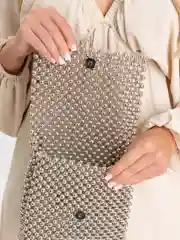 Женская сумка из бусин с бамбуковой ручкой, цвет металлик, ручная сборка