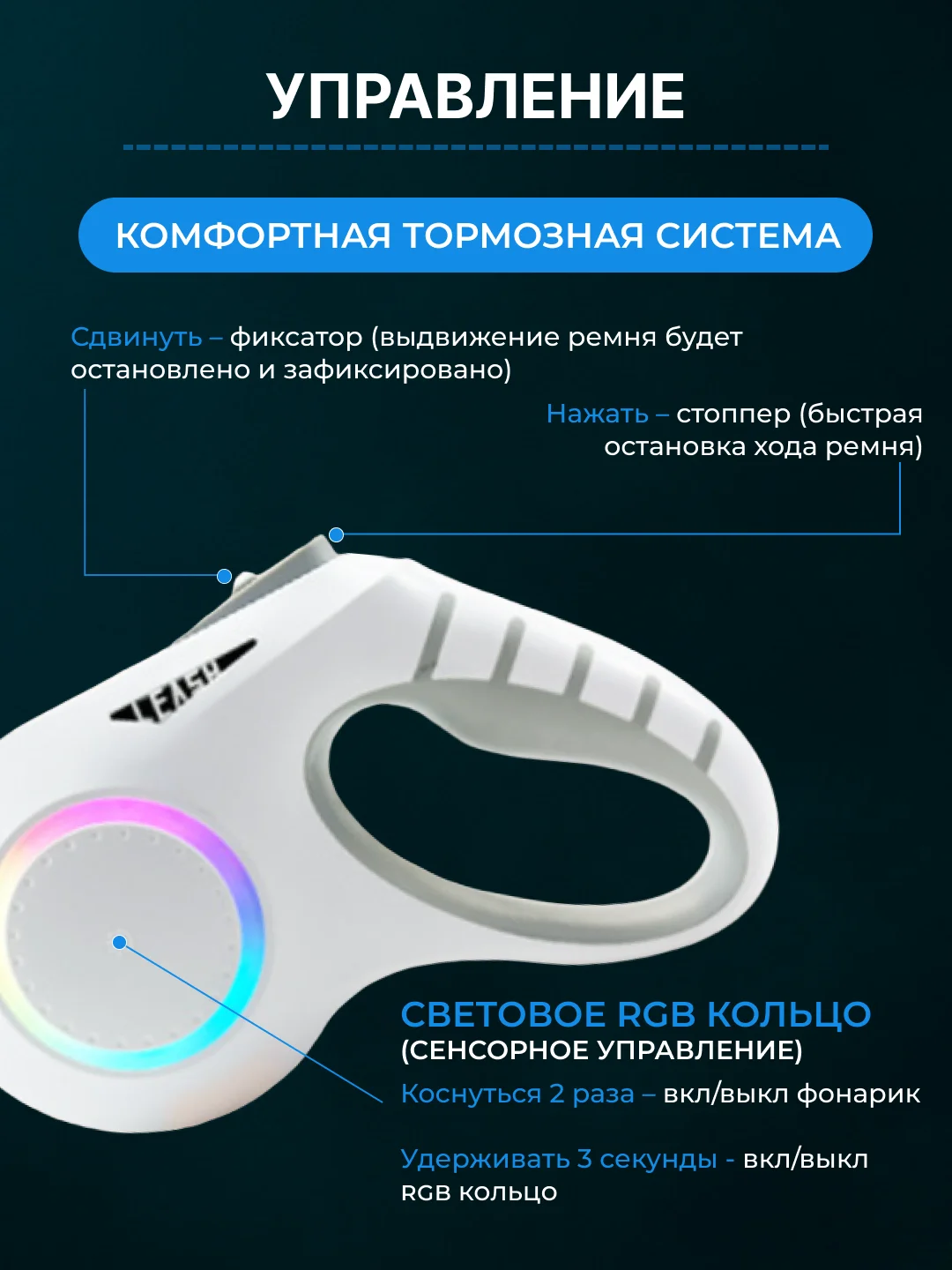 Белый поводок-рулетка для собак мелких пород, кошек 15/30 кг, 5/6 метров с фиксатором/фонариком