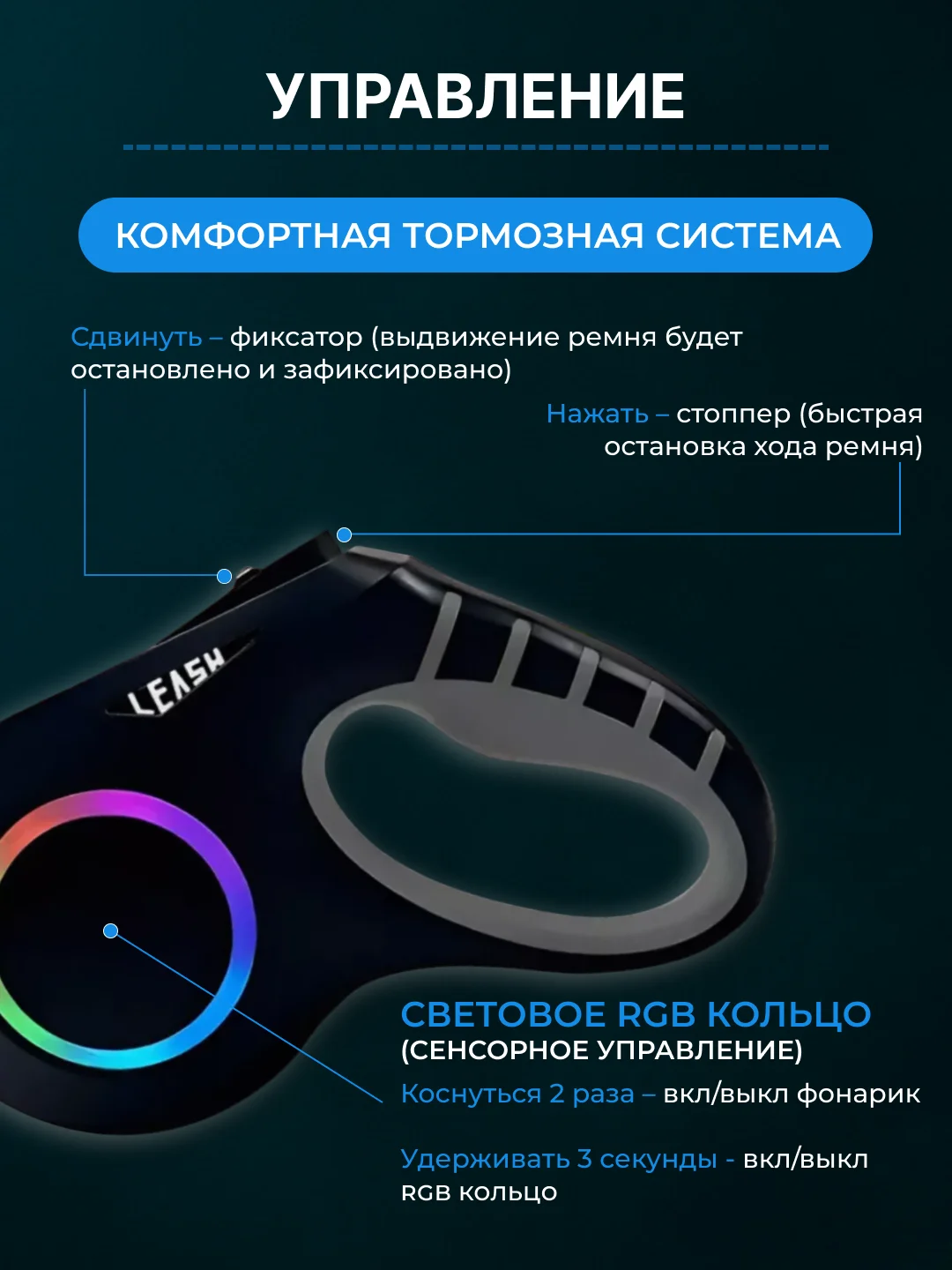 Хром поводок-рулетка для собак мелких пород, кошек 15/30 кг, 5/6 метров с фиксатором/фонариком