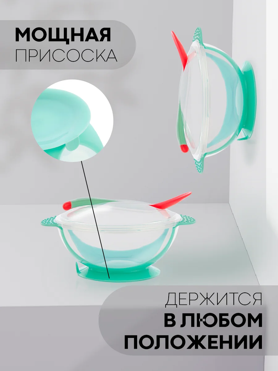 Бирюзовый детская пластиковая тарелка КАРТОФАН безопасная на присоске с ложкой и крышкой для малышей