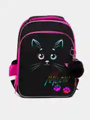 Рюкзак школьный для девочки Brauberg Quadro, 3 отделения, с брелоком, Black cat, 271358