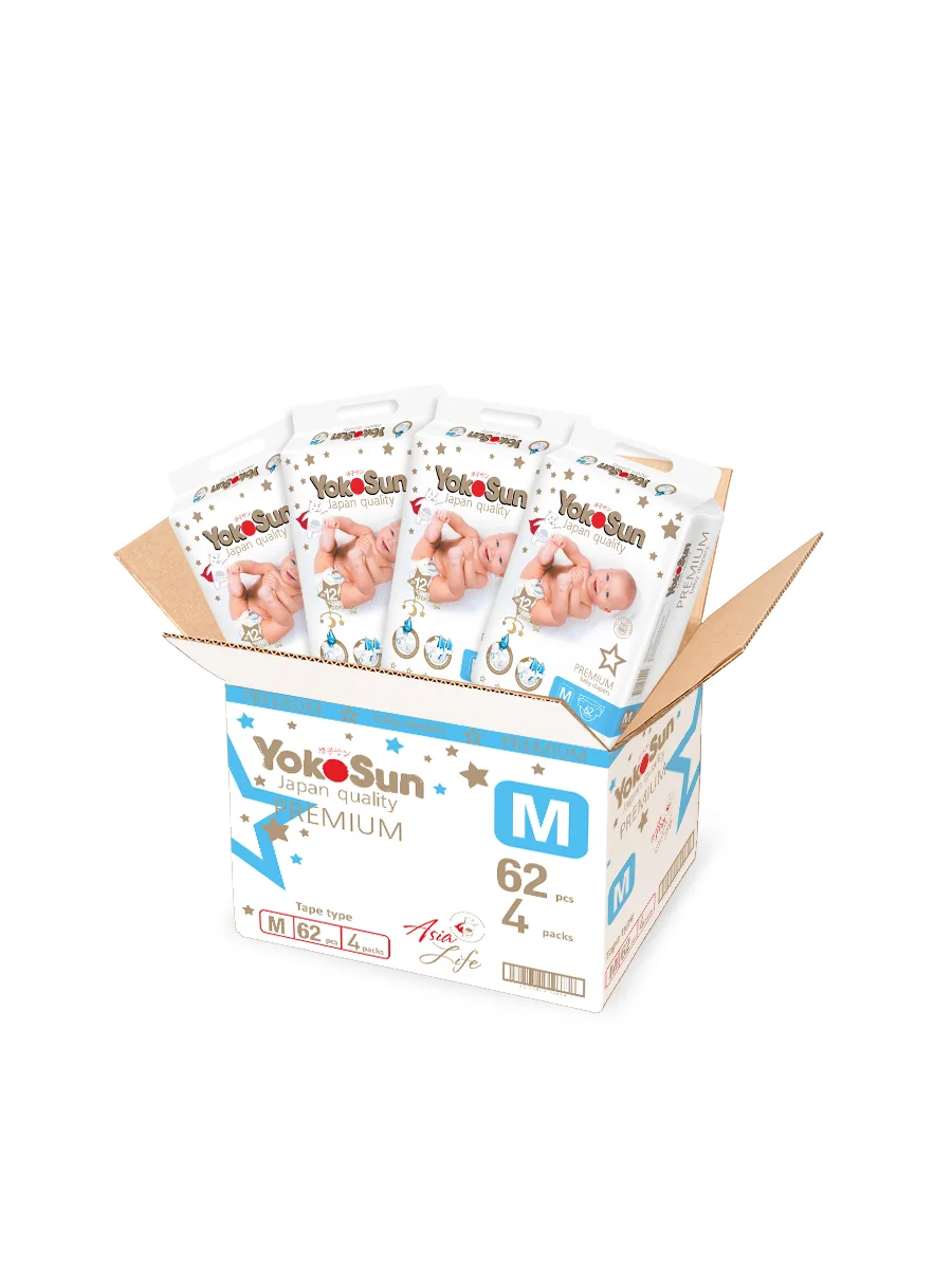 Белый megabox yokosun  premium подгузники на липучках  m (5-10 кг) 248 шт (62 шт * 4 уп)