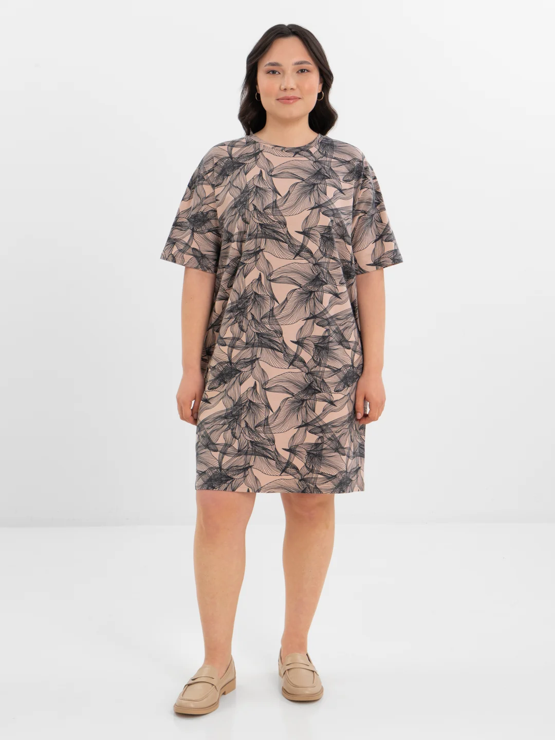 Бежевый меланж платье-футболка Oversize, короткая туника, большие размеры 42-60
