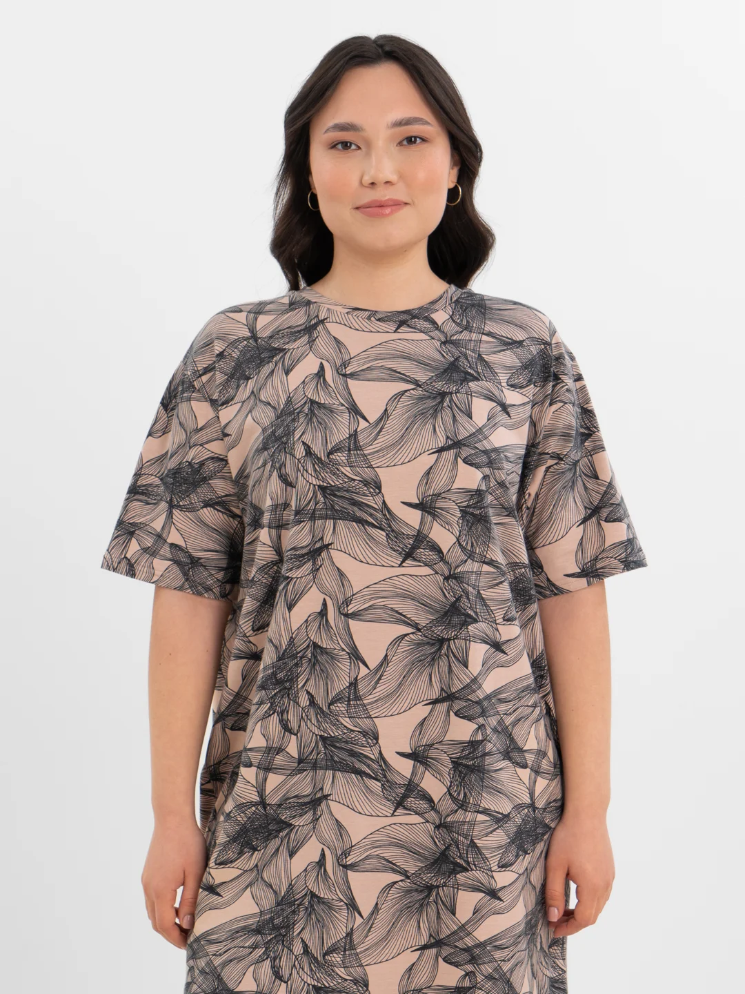 Бежевый меланж платье-футболка Oversize, короткая туника, большие размеры 42-60