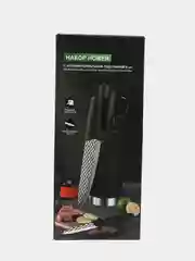 Черный набор ножей кухонных с ножницами и ножеточкой, 8 предметов, 5 ножей, ножницы, ножеточка