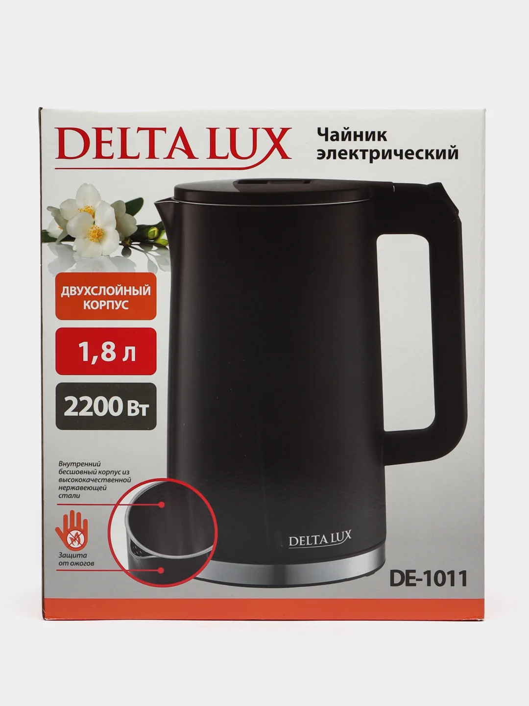 Черный чайник электрический DELTA LUX DE-1011, объем 1,8 л