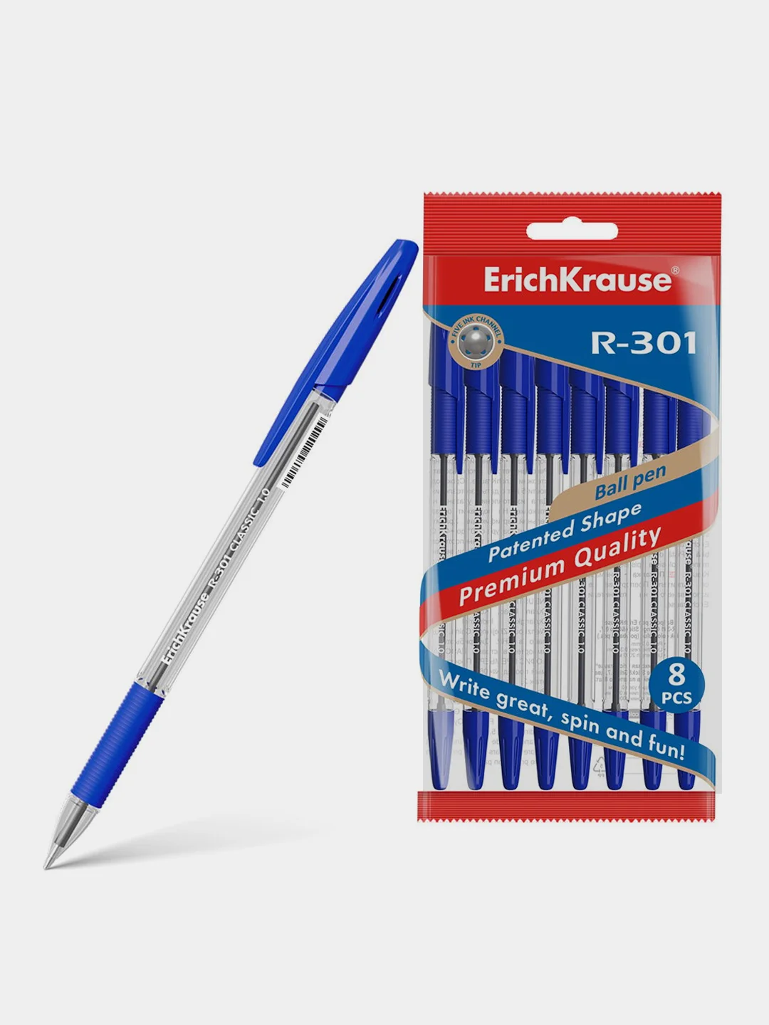 Ручка шариковая ErichKrause R-301 Stick Original, 0.7 мм, синий, 8 штук