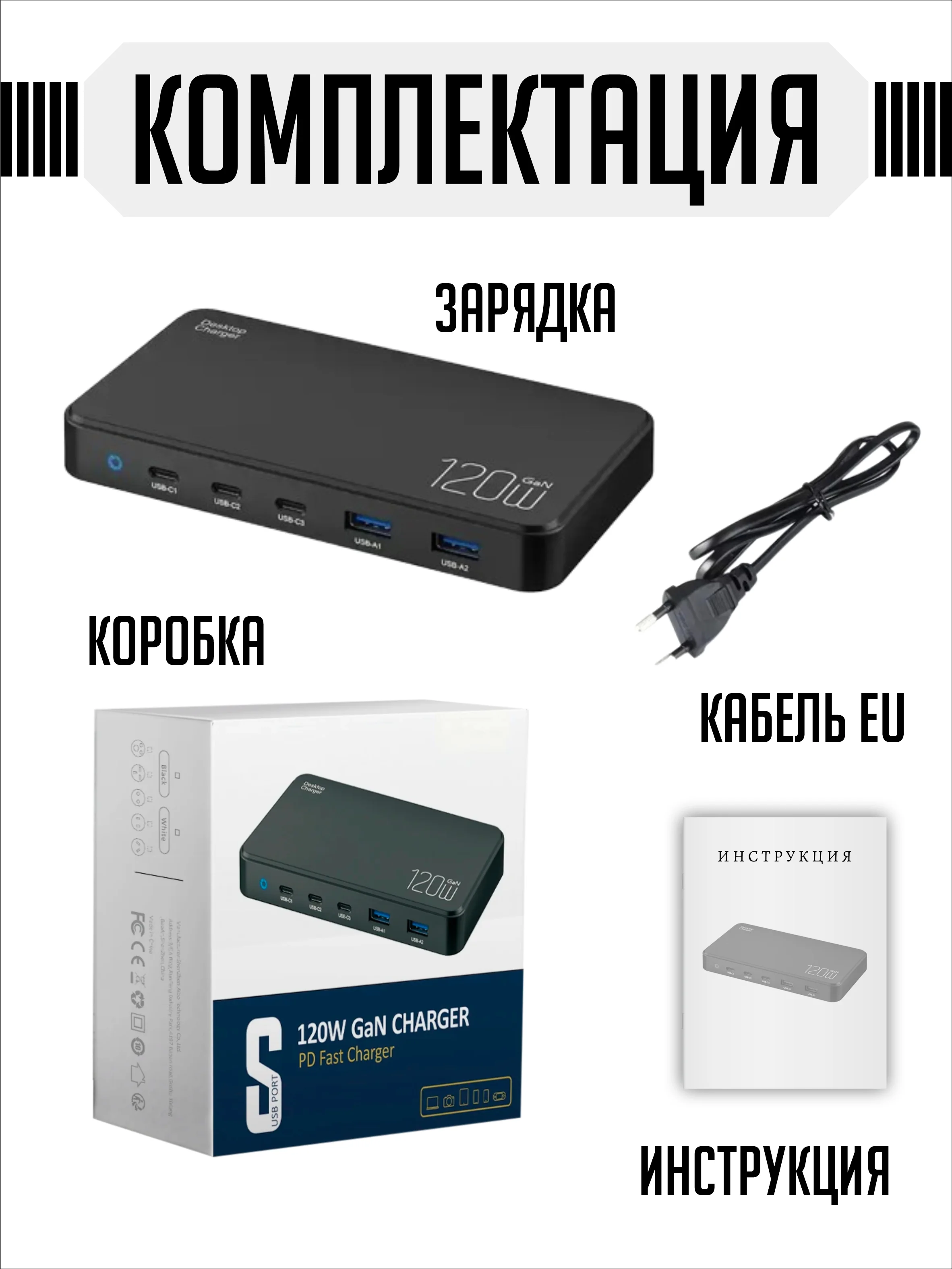 Сетевое зарядное устройство для телефона, 120 Вт