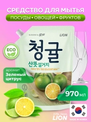 LION Chamgreen Концентрированное средство для мытья посуды Зеленый цитрус, мяг. уп. 970 мл