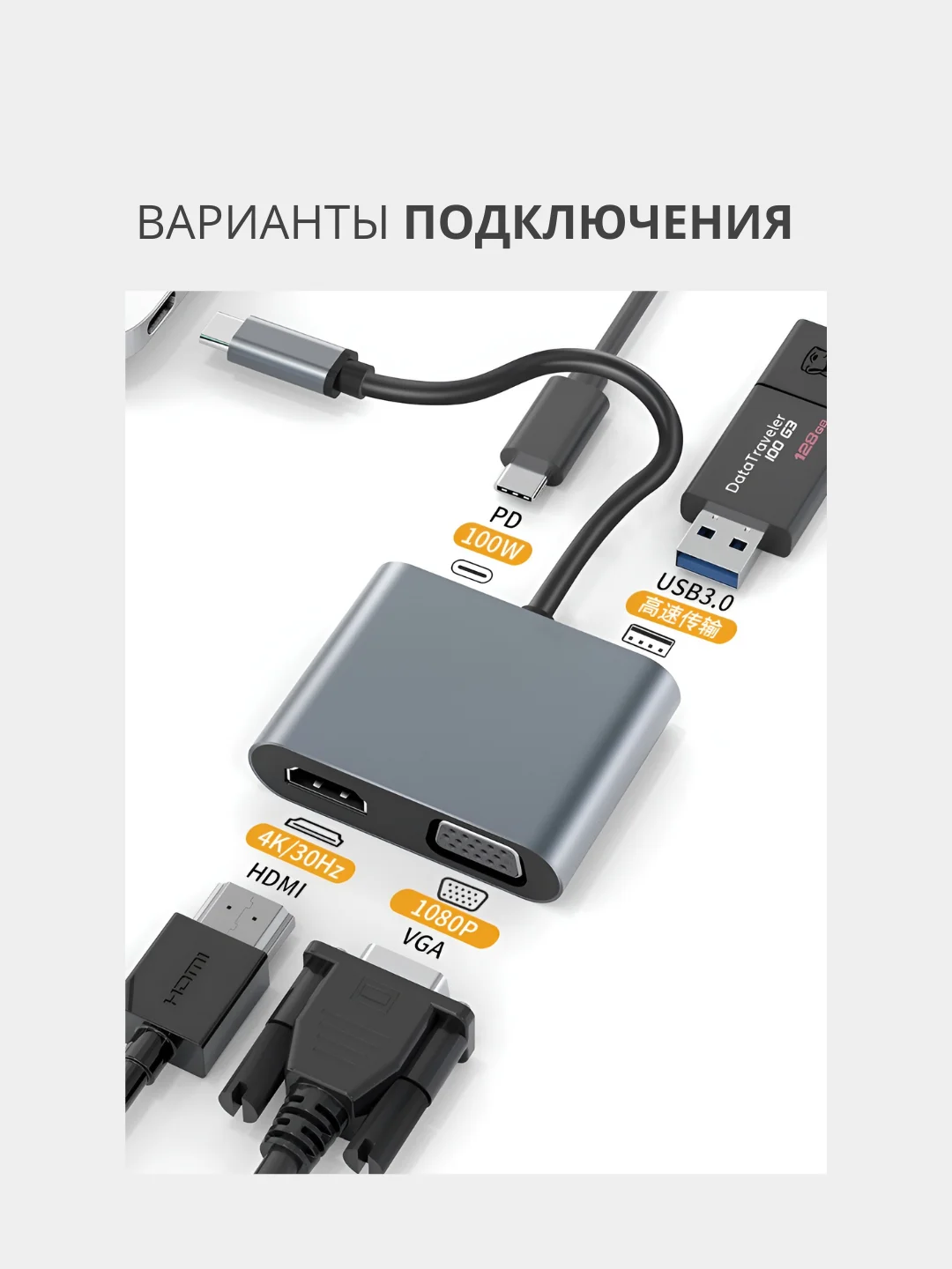 Переходник адаптер HUB 4 в 1 Type-c to HDMI 4K / USB 3.0 / PD 100W / VGA для MacBook