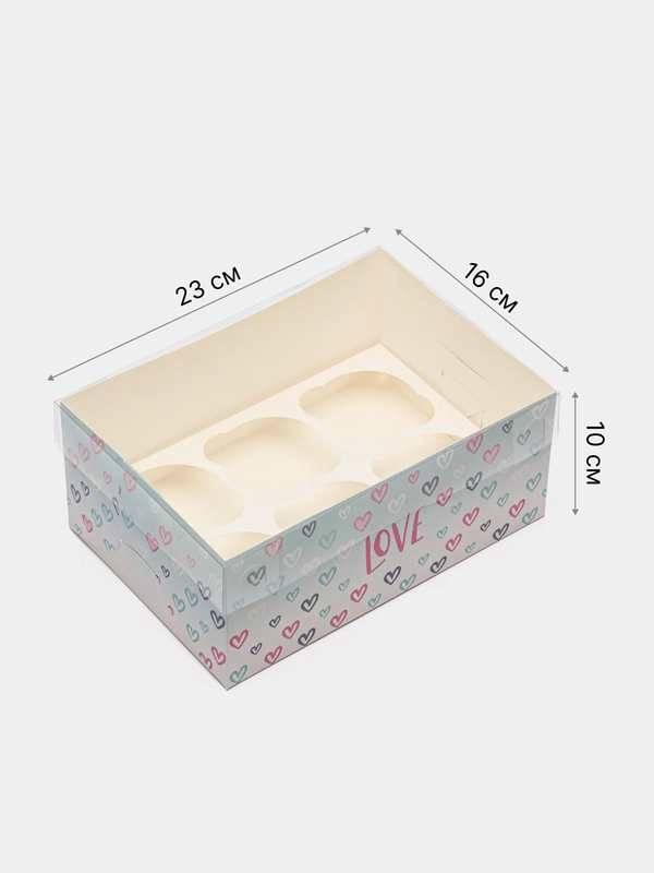 Коробка для капкейков Love, с сердечками, 23х16 х10 см