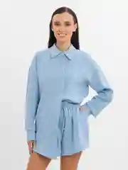 Голубой костюм льняной рубашка с шортами, домашний, оверсайз