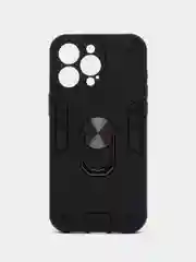 Черный чехол iPhone 15 Pro Max противоударный, с металлической подставкой кольцом