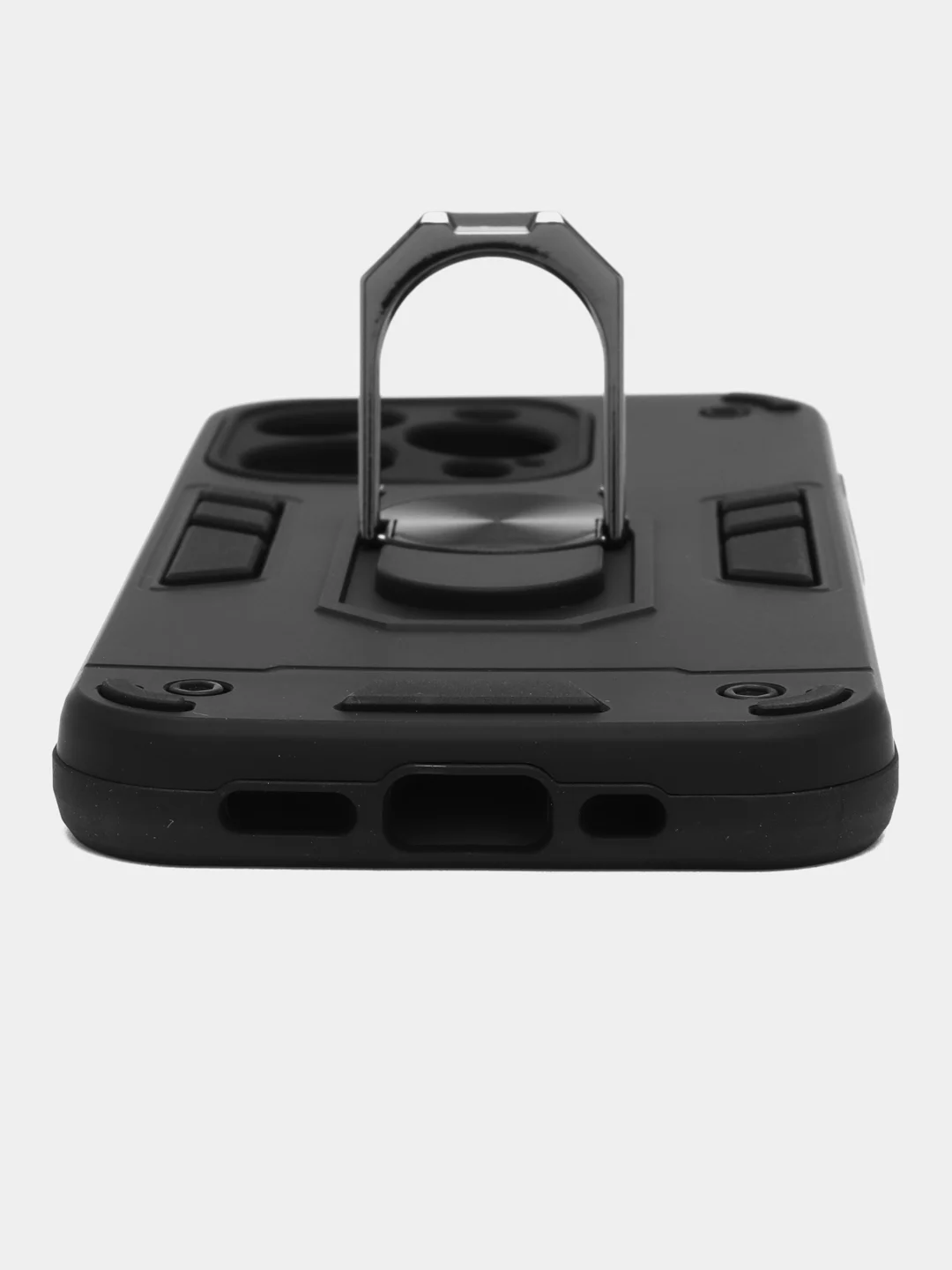 Черный чехол iPhone 15 PRO (Айфон 15 ПРО) противоударный, с металлической подставкой кольцом