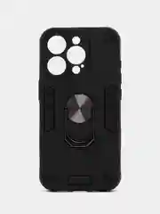 Черный чехол iPhone 15 PRO (Айфон 15 ПРО) противоударный, с металлической подставкой кольцом