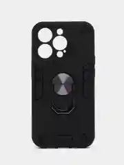 Черный чехол iPhone 14 Pro (Айфон 14 Про) противоударный, с металлической подставкой кольцом