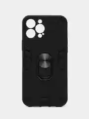 Черный чехол iPhone 13 Pro Max (Айфон) противоударный, с металлической подставкой кольцом