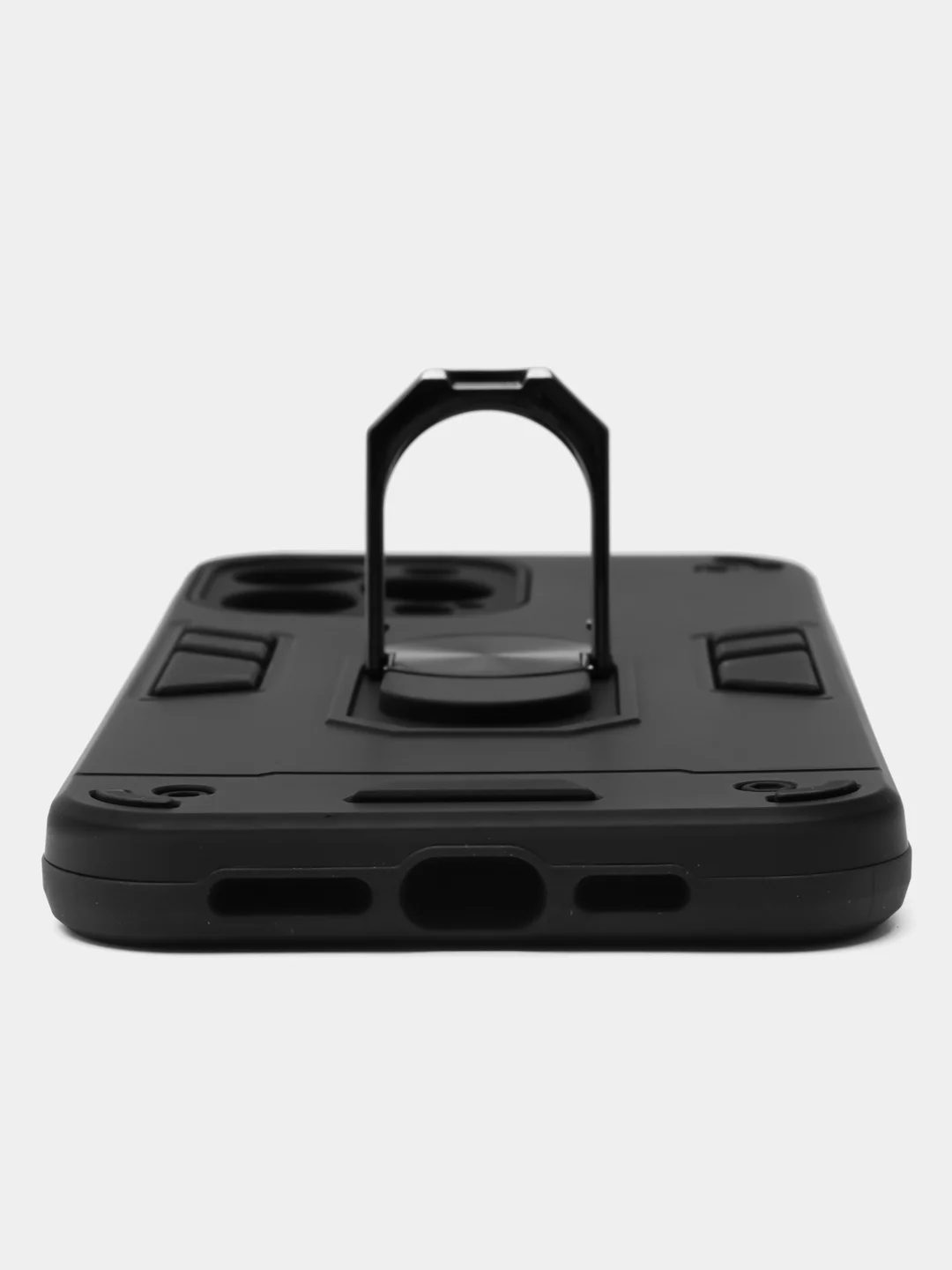 Черный чехол iPhone 13 Pro Max (Айфон) противоударный, с металлической подставкой кольцом
