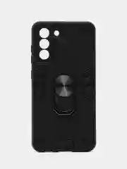 Синий чехол для Samsung Galaxy S21 FE противоударный, с металлической подставкой кольцом
