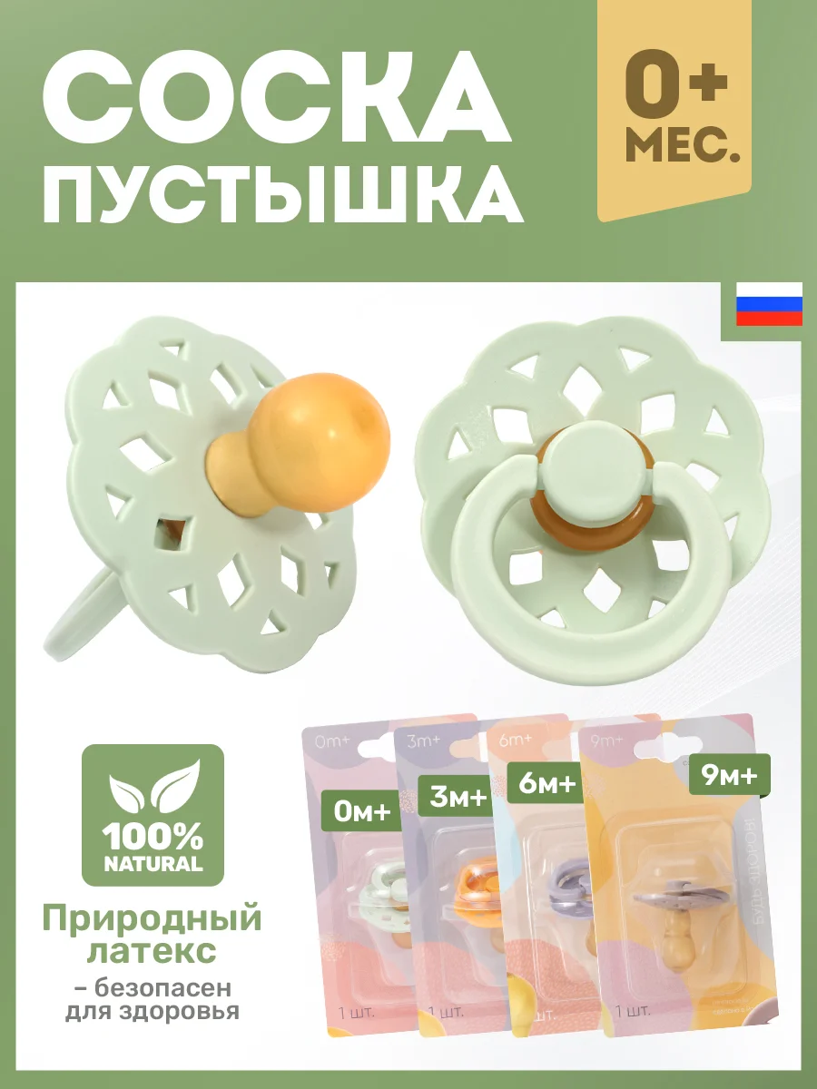 Бирюзовый соска пустышка "Будь здоров!", 0+, 3+, 6+, 9+, латексная, классическая, круглая 1 шт