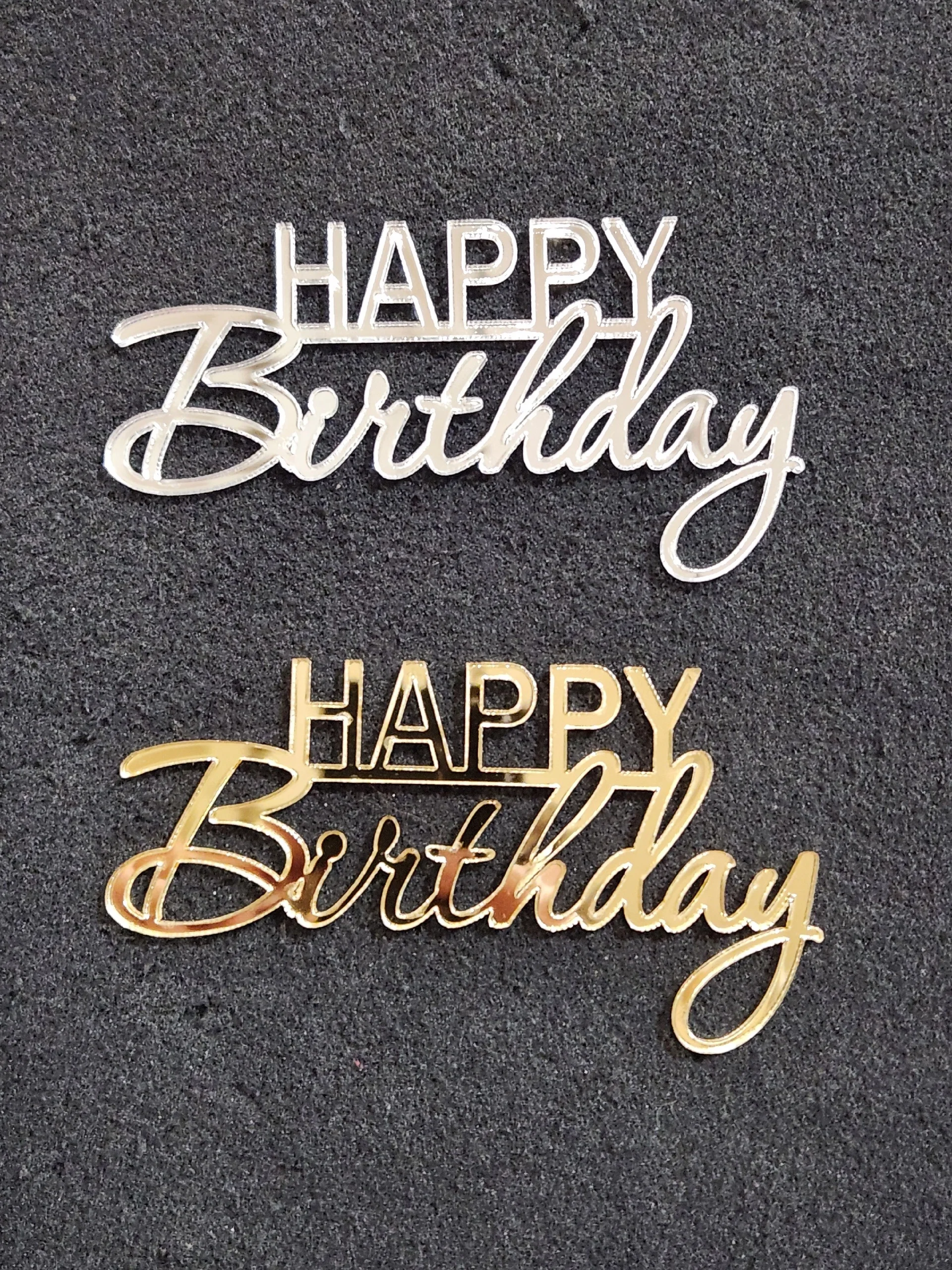 Серебряный топпер #Т68 "Happy Birthday" из акрила для украшения торта, боковой / торцевой