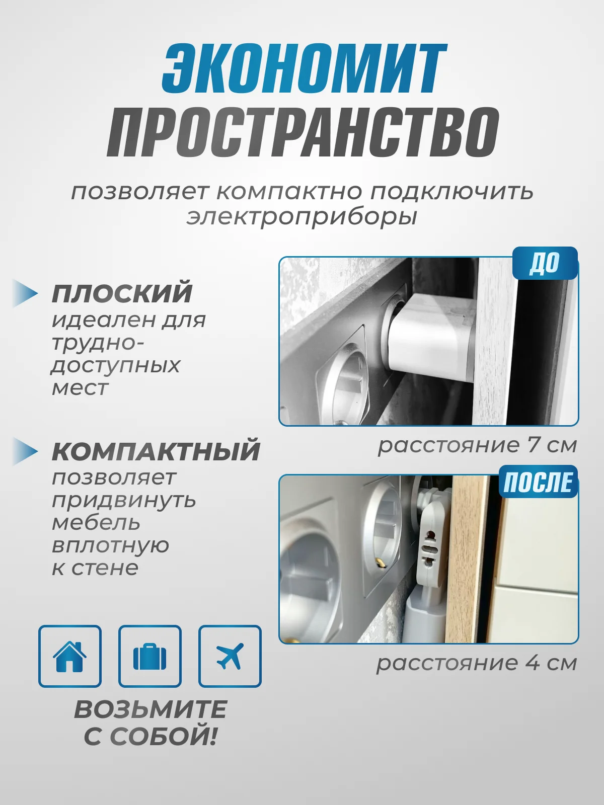 Тройник для розетки 220V и 220V+usb плоский, поворотный на 180 градусов, разветвитель