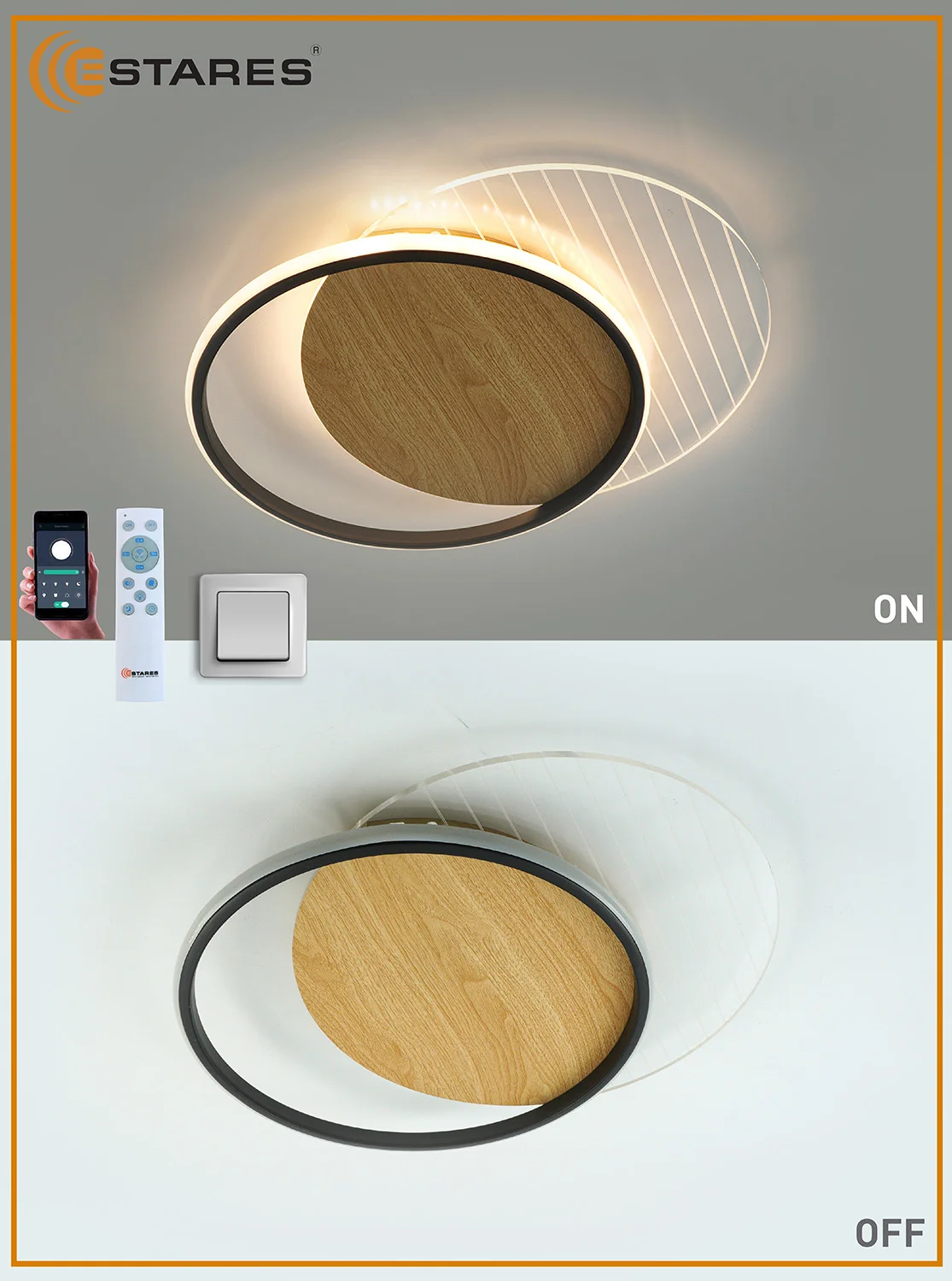 Черный управляемая потолочная люстра светодиодная с пультом Estares AMATO wood 60W круг,до 20кв.м