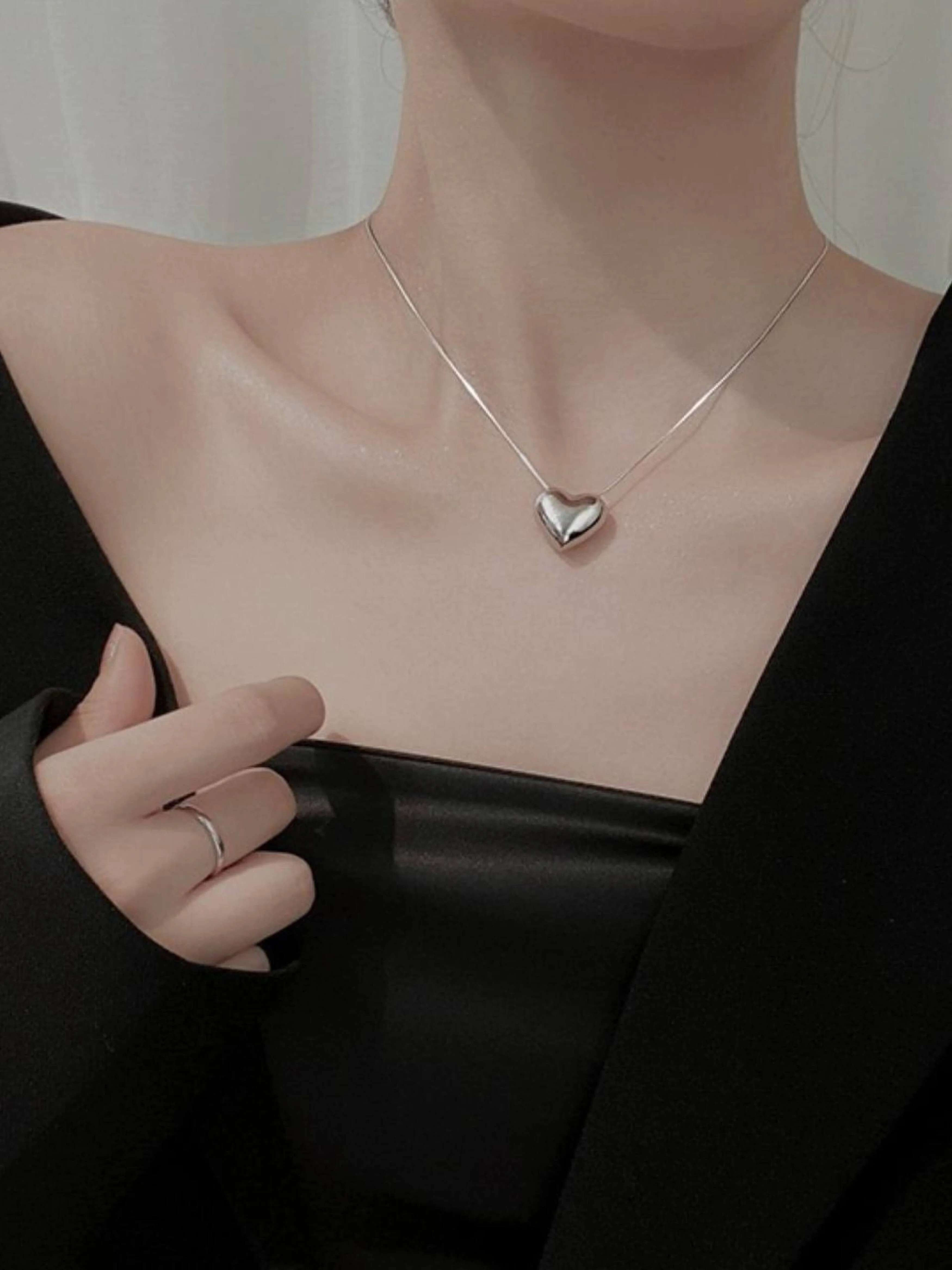 Серебряный цепочка на шею с подвеской, с кулоном сердце, ожерелье, чокер