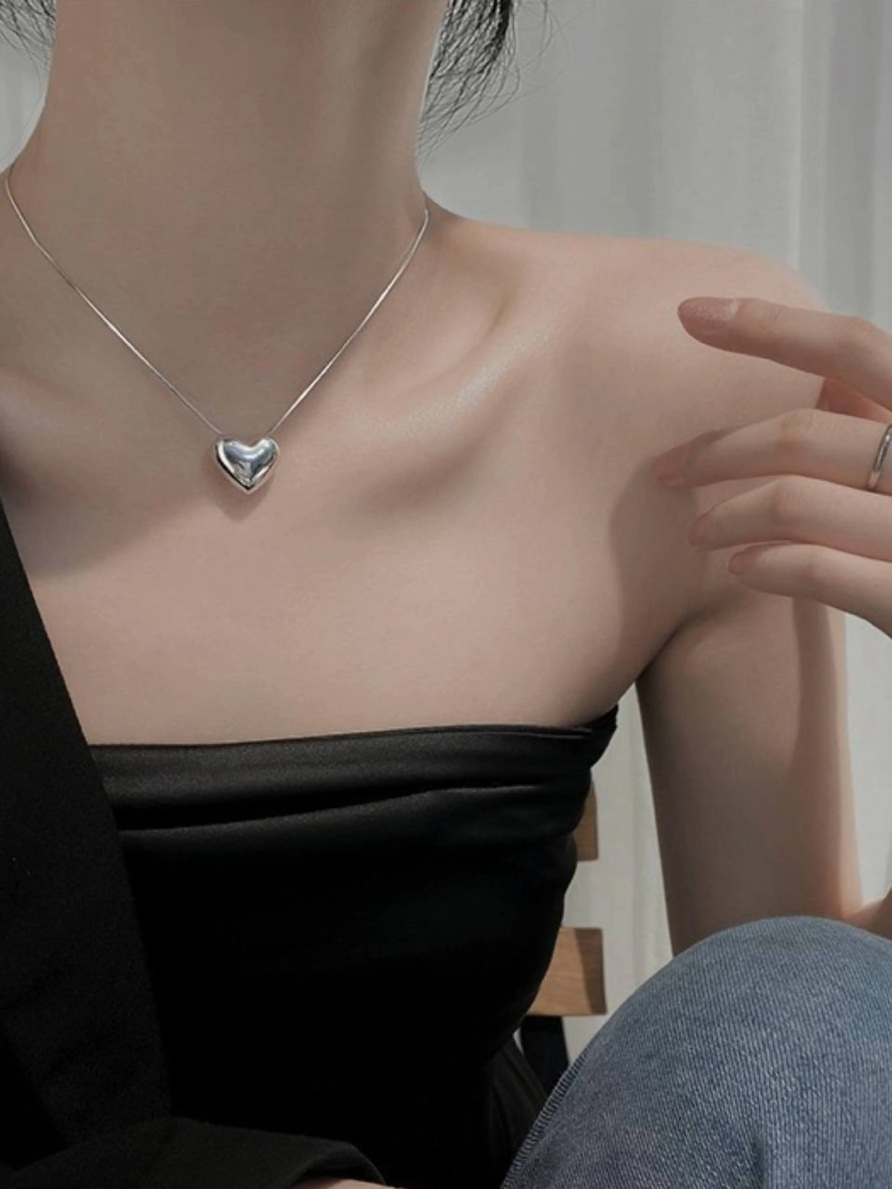 Серебряный цепочка на шею с подвеской, с кулоном сердце, ожерелье, чокер