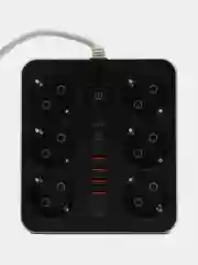 Черный удлинитель сетевой, фильтр, 3 метра, 6 розеток, с 4 USB, 2 Type-C порта, с кнопкой