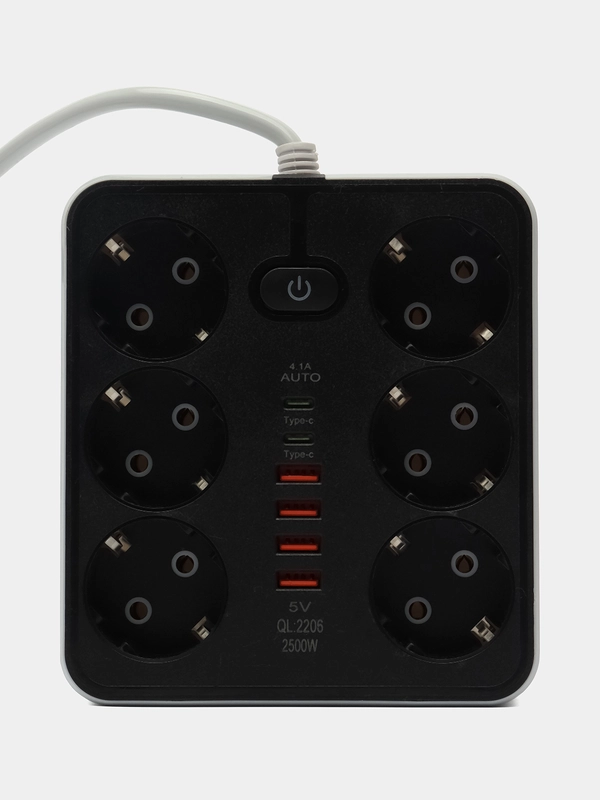 Удлинитель сетевой, фильтр, 3 метра, 6 розеток, с 4 USB, 2 Type-C порта, с кнопкой
