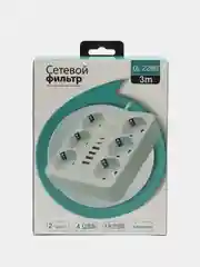 Белый удлинитель сетевой, фильтр, 3 метра, 6 розеток, с 4 USB, 2 Type-C порта, с кнопкой