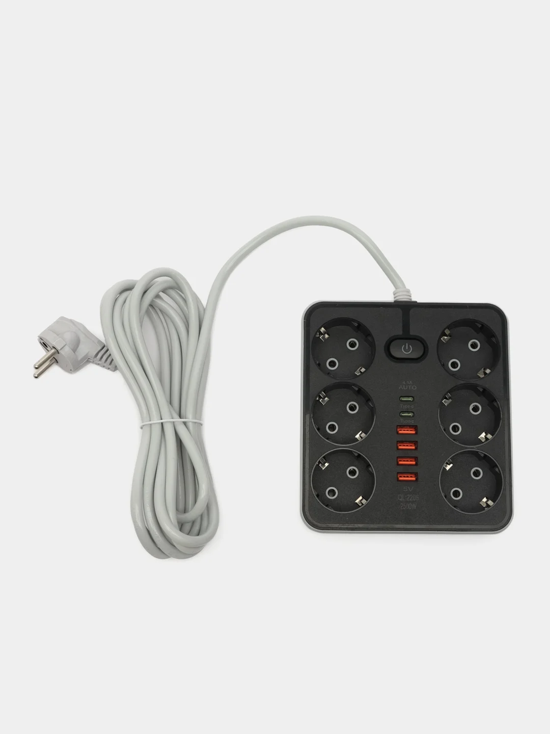 Белый удлинитель сетевой, фильтр, 3 метра, 6 розеток, с 4 USB, 2 Type-C порта, с кнопкой