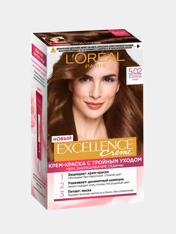 Стойкая крем-краска для волос LOreal Paris "Excellence", тон 5.02, обольстительный каштан