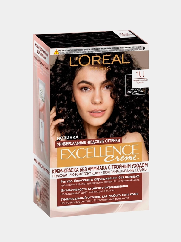 Крем-краска для волос LOreal Paris Excellence Creme, тон 1U, универсальный черный