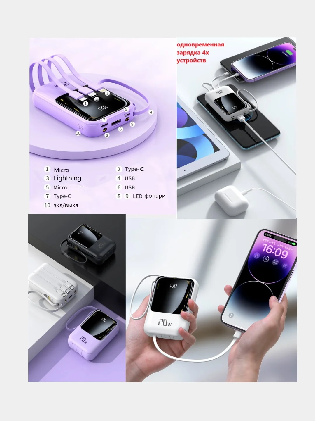 Черный внешний аккумулятор портативный повербанк powerbank 10000 mAh, зарядка на Айфон, Андроид