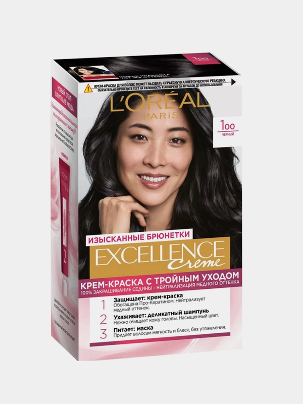 Стойкая крем-краска для волос LOreal Paris "Excellence", оттенок 1.00, Черный