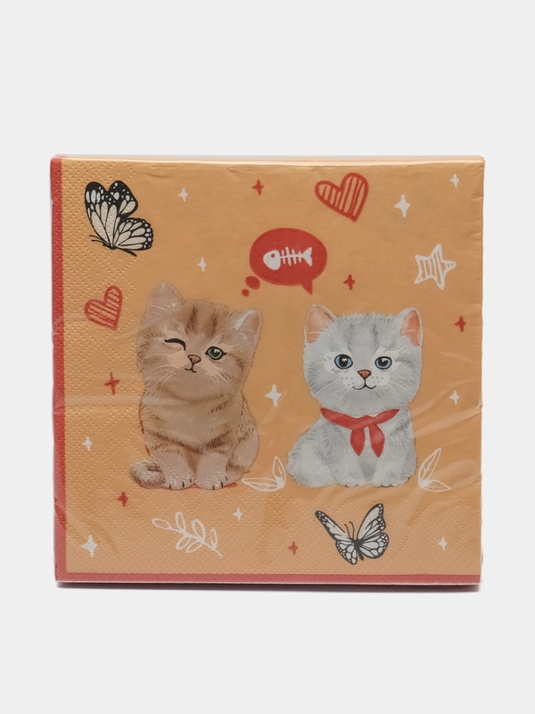 Салфетки бумажные трехслойные Котики на персиковом, 33*33 см, 20 шт