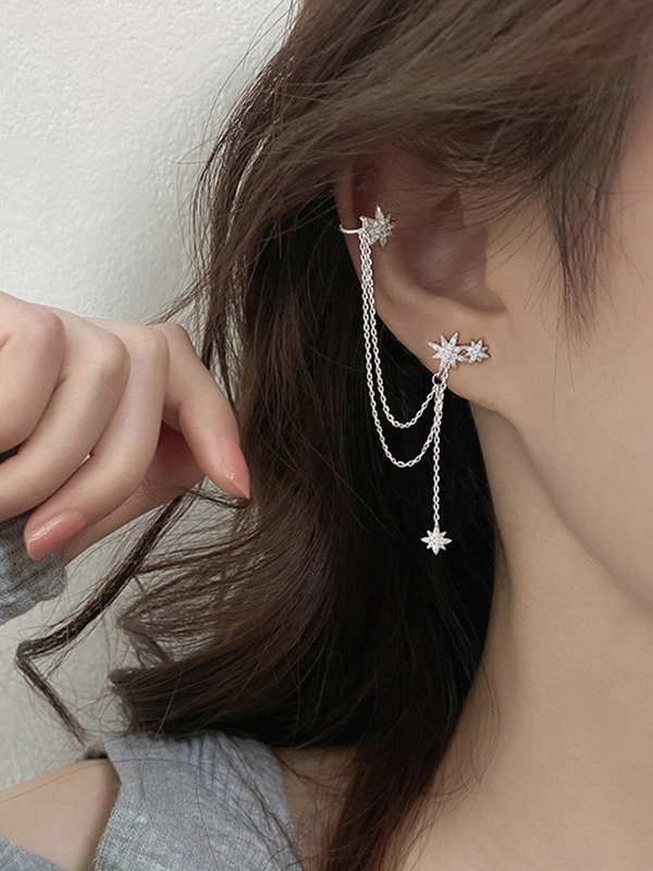 Серьги звезды с цепочкой, асимметричные сережки набор 2 шт