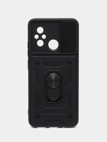 Черный чехол Xiaomi Redmi 12C, Сяоми Редми 12С противоударный, с металлической подставкой кольцом