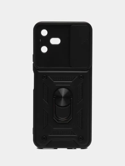 Черный чехол Tecno Pova Neo 3 / Пова Нео 3 противоударный, с металлической подставкой кольцом